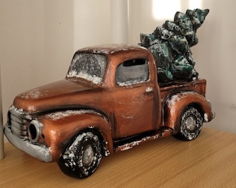 HAND-PAINTED Vintage Style Truck with Tree 7"x5.75" inch Light Up -  - Ceramic - Christmas - DIY - Craft - Gift - Light Up