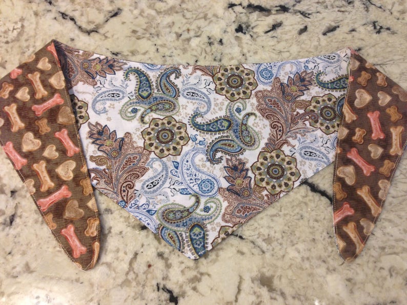 XSmallSmallMediumLargeXLarge Tie-on Dog Bandana in Blue Brown Paisley and Dog Biscuit