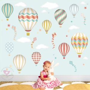 Hot Air Balloon Wall Stickers. Kites, Stars and Clouds Fabric Decals. Unisex Neutral Baby Nursery Room, Large Boys Girls Bedroom stencils