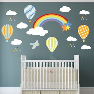 Rainbow Wall decal, Hot Air Balloon Wall Stickers. Baby Boys Nursery decoration. Plane, Stars, White Clouds and Raindrops Stencil