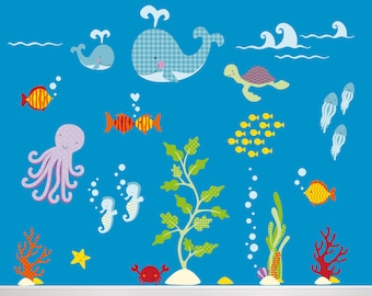 Ocean Decal, Under the sea creatures, Sea Life Wall Stickers, gender neutral wallpaper, baby nursery decorations, toddler room decor, fish
