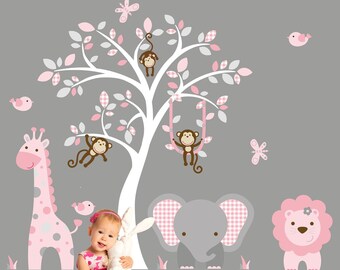 Jungle Decal, Baby Girls Safari Wall Stickers, Blush Pink and Grey nursery decor. monkeys, giraffe, elephant, Lion, white tree mural.