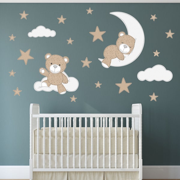 Bear on Moon Wall Sticker Design for Neutral Nursery Room, Stars and Clouds Baby Boys and Girls Decals, Easy to apply removable fabric