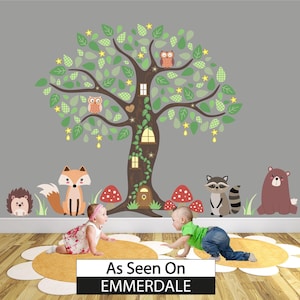 Woodland Animal Nursery Wall Stickers, Autumn Forest Decals, Owl Tree Mural. Fox, Bear, Hedgehog and Raccoon. gender neutral baby room decor