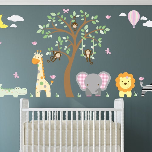 Jungle Animal Wall Stickers Girls Baby Pink and Grey Wall Etsy