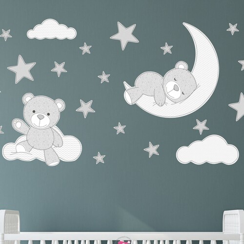Teddy Bear Decal, Nursery Wall Stickers, Stars Clouds and Moon Fabric Pattern, Monochrome Grey White, Gender Neutral Baby Room, Toddler Gift