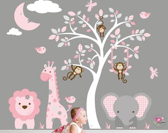Safari Decal, Jungle Wall Stickers, Girls Baby Pink and Grey Nursery, Monkeys, giraffe, elephant, Lion, sleeping moon & white tree mural