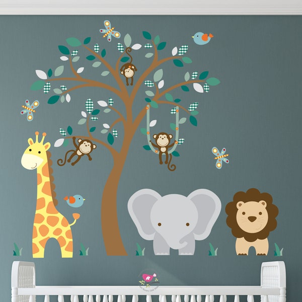 Jungle Nursery Decals, Unisex Safari Wall Stickers, Swinging Monkeys, Giraffe, Elephant, Lion boys and girls Stencils, tree mural, birds