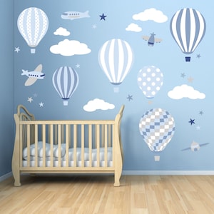 Hot Air Balloon Decals, Aeroplane Wall Stickers, White Clouds and Stars, Personalised Baby Boys Nursery, Blue & Grey Bedroom Decor Transfers