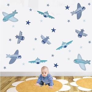 Plane Decal featuring aeroplanes, Jets and stars. Boys Wall Stickers. Blue nursery decor. Toddler room, pilot, transportation Wall art