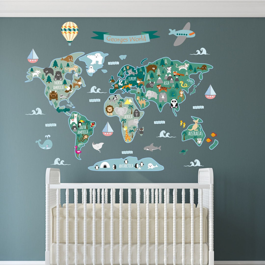 Personalized World Map Wall Decal: Jungle Animals Nursery Decor - Etsy