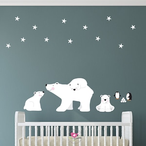 Polar Bear Decal, Penguin Wall Stickers, snow balls, star nursery decor, wallpaper mural, mummy and baby bear,  arctic ice, gender neutral