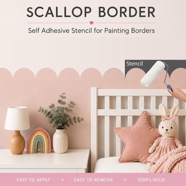 May include: A self-adhesive scallop border stencil for painting walls. The image features the text SCALLOP BORDER and Self Adhesive Stencil for Painting Borders. A paint roller is shown applying paint to a wall with a scalloped edge design.