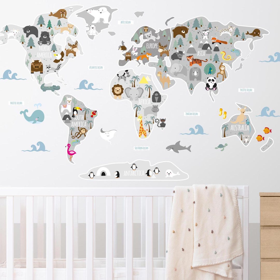 World Map Wall Decal: Nursery Room Decor, Jungle Animals - Etsy