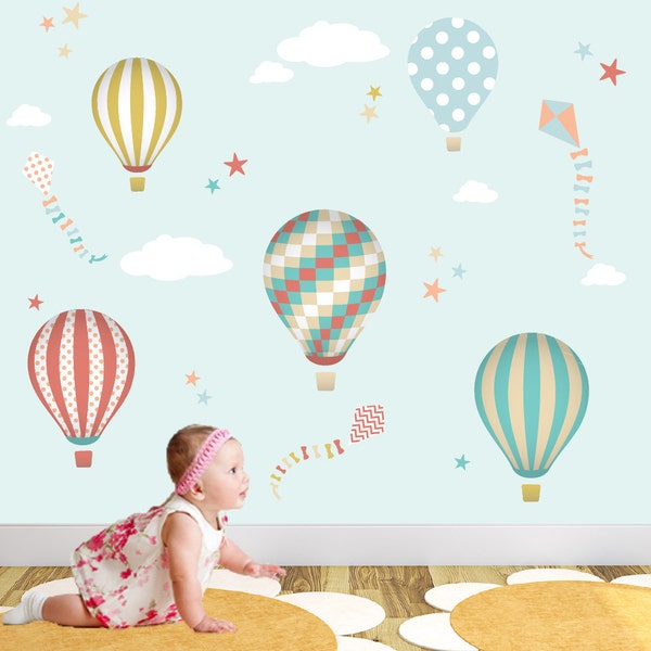 Hot Air Balloon Wall Decal, Kites & Star Wall Sticker Nursery, gender neutral baby decor, blue, coral, mustard, Up Up and Away, Summer