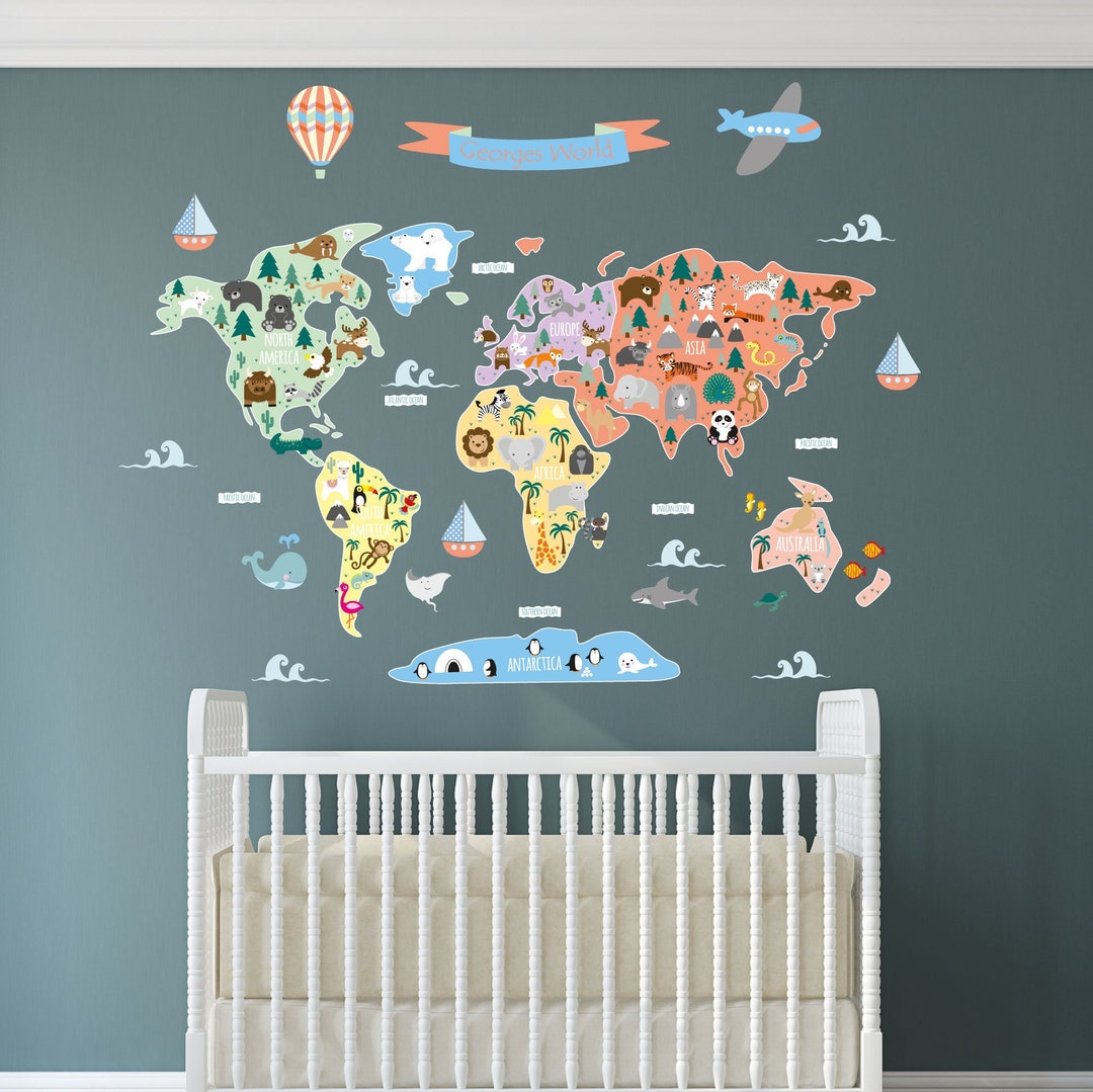 Kids World Map Wall Decal, Nursery Animals, Educational Sticker - Etsy