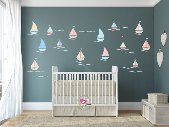Sailing Boat Wall Decals Nautical Nursery Baby Decor Wall Art Stickers Boys Wallpaper Toddler Room Summertime Ocean Waves Blue Coral