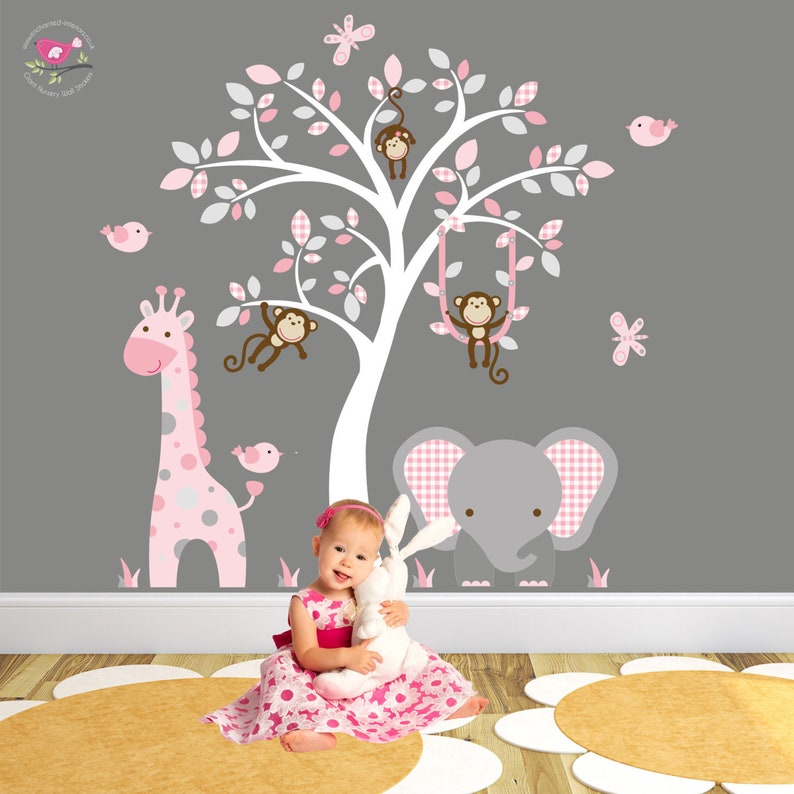 giraffe and elephant wall decal pink and grey nursery decor. | etsy