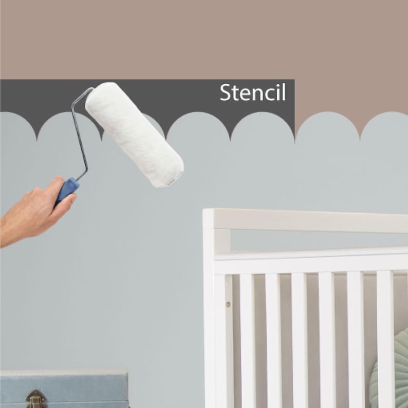 May include: A paint roller with a white foam cover and a blue handle is being used to apply paint to a wall featuring a scalloped edge stencil design. The wall is divided into a light brown upper section and a light blue lower section with the word Stencil.