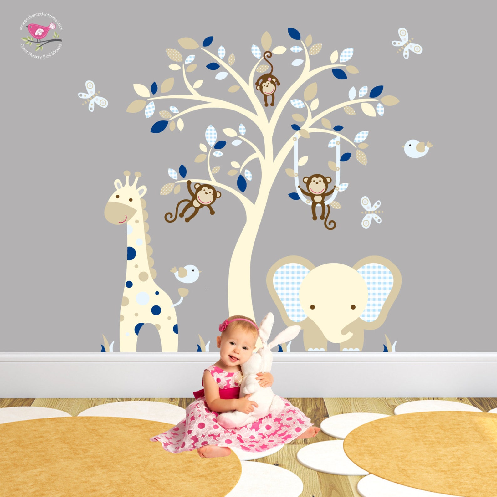 Elephant and Giraffe Nursery Wall Decal Navy Blue and Beige Etsy