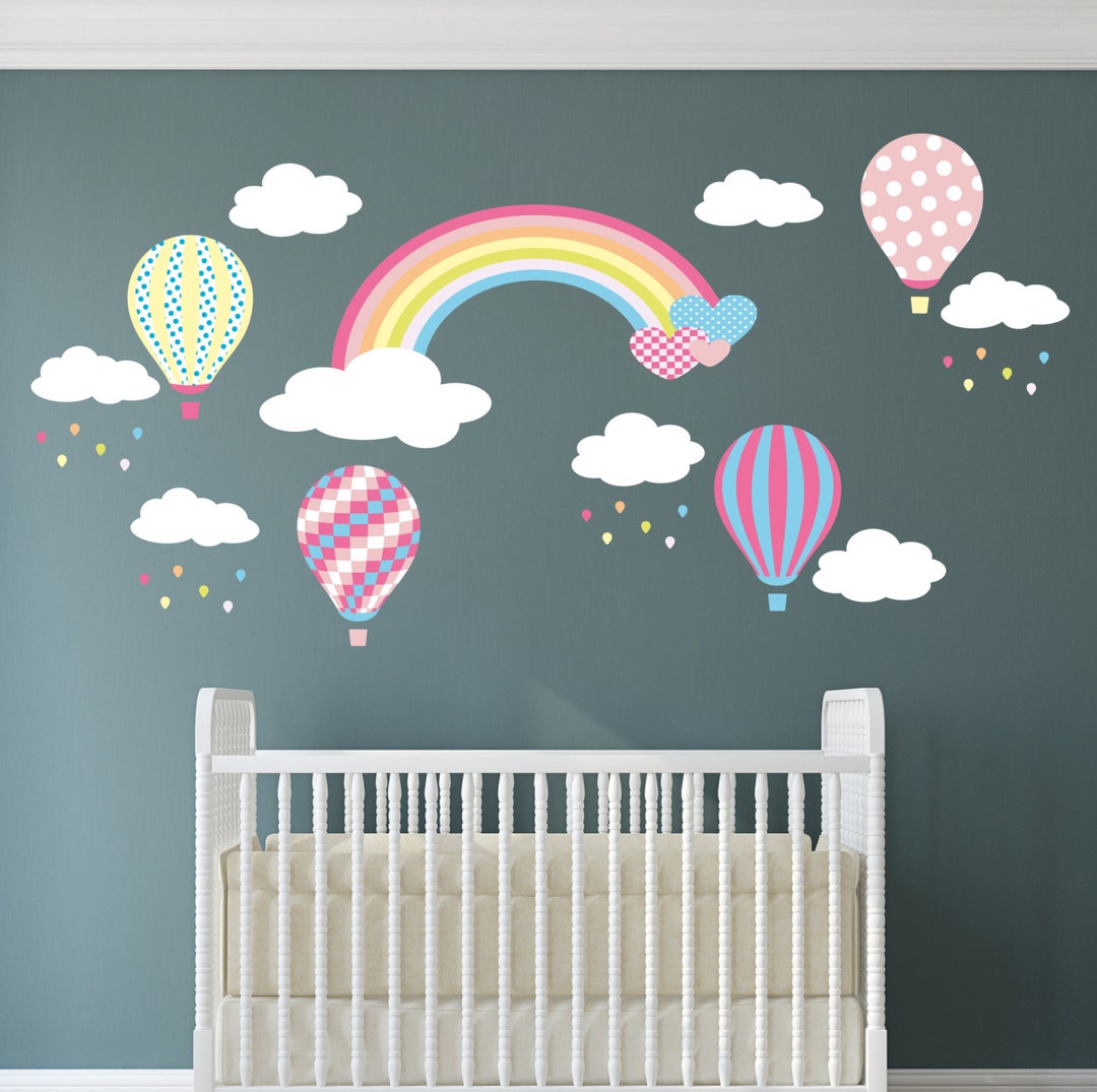 Rainbow Nursery Wall Decals: Hot Air Balloons, Clouds, Raindrops - Etsy