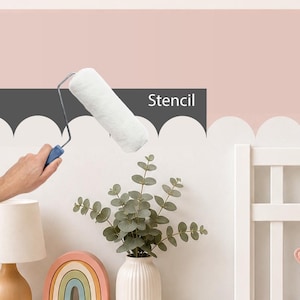 Op de afbeelding: Een verfroller met een witte, pluizige hoes en een blauwe handgreep wordt tegen een muur gehouden met een donkergrijs geschulpt sjabloonontwerp met het woord Stencil in witte letters boven een lichtroze en wit geschilderd muurgedeelte.