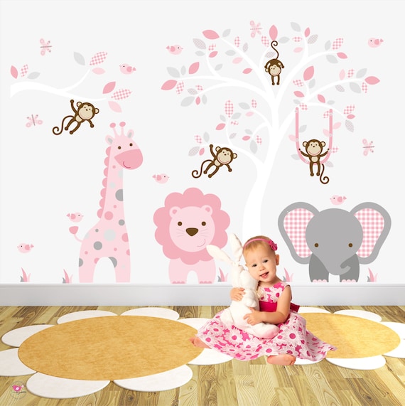 Safari Wall Stickers Pink And Grey Elephant Nursery Giraffe Etsy