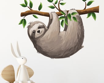 Sloth Branch Wall Sticker, Jungle Animal Nursery Decal, Childrens Unisex Watercolour Bedroom Decor, Baby Room Mural, removeable fabric