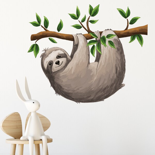 Sloth Branch Wall Sticker, Jungle Animal Nursery Decal, Childrens Unisex Watercolour Bedroom Decor, Baby Room Mural, removeable fabric