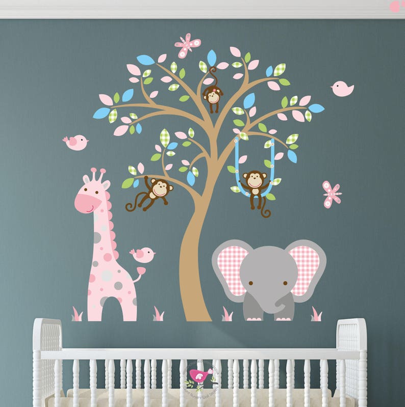 safari decal jungle wall stickers. pink and blue girls nursery | etsy