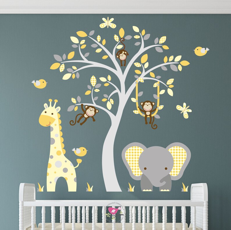 jungle decal safari wall stickers mustard yellow and grey | etsy