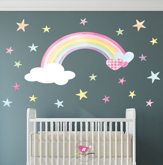 rainbow decal water colour wall sticker pastel hearts | etsy