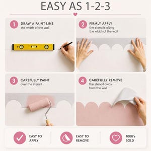Puede incluir: Un gr&aacute;fico instructivo de cuatro pasos titulado EASY AS 1-2-3 que muestra c&oacute;mo usar una plantilla de pared festoneada. Los pasos incluyen trazar una l&iacute;nea con un nivel amarillo, aplicar la plantilla, pintar con un rodillo rosa y retirar la plantilla para revelar un patr&oacute;n festoneado rosa en la pared.