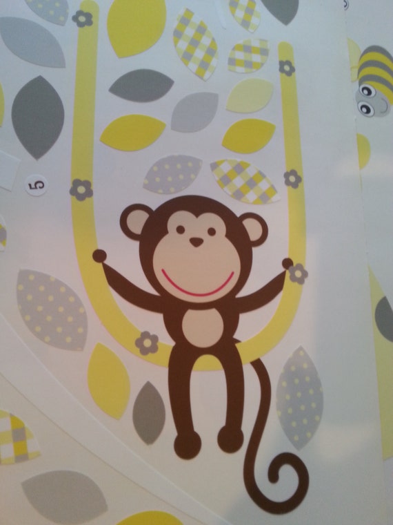 Chambre Safari Decal, jaune et gris. Singes effrontés, girafe ... Chambre Safari Decal, jaune et gris. Singes effrontés, girafe ...