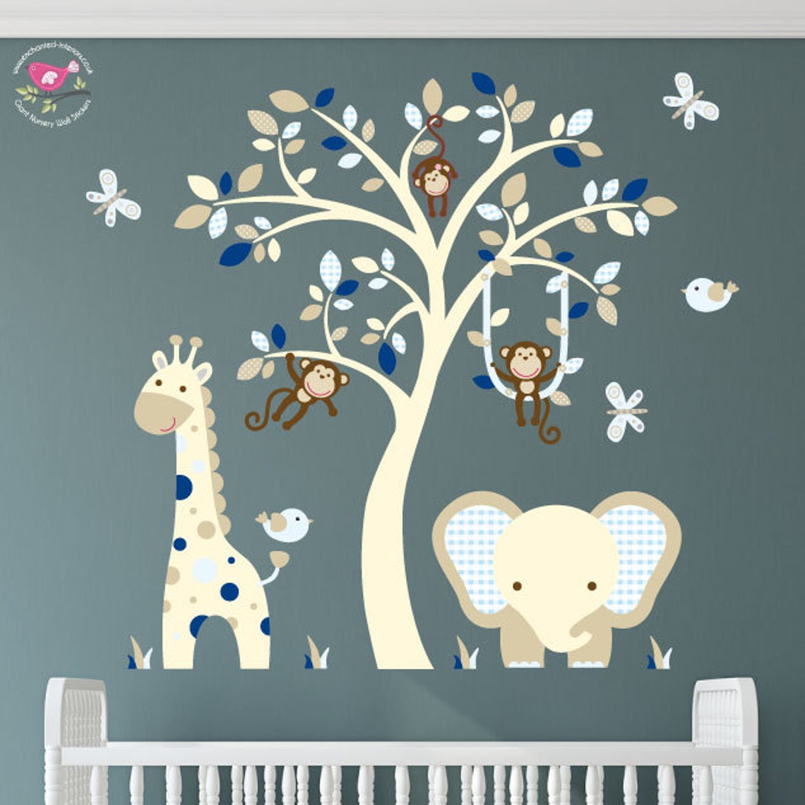 Elephant and Giraffe Nursery Wall Decal Navy Blue and Beige Etsy