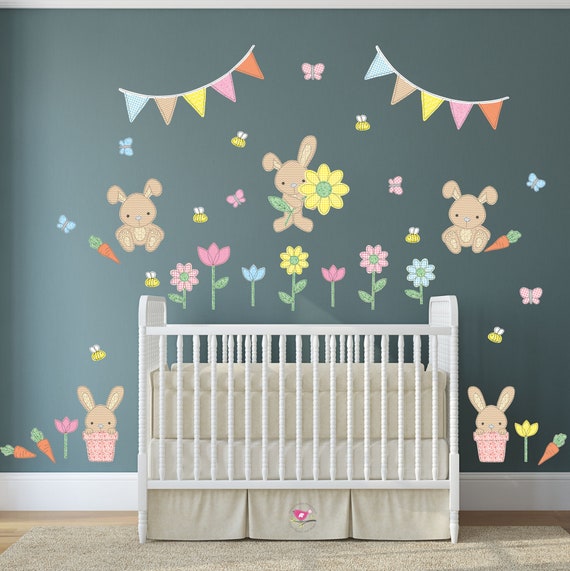 bunny rabbit decal nursery wall stickers garden flowers and | etsy