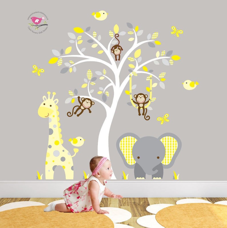 jungle decal gender neutral wall stickers yellow and grey | etsy