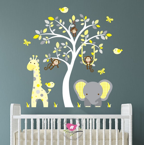 Jungle Decal Elephant Nursery Wall Stickers Yellow and Grey Etsy