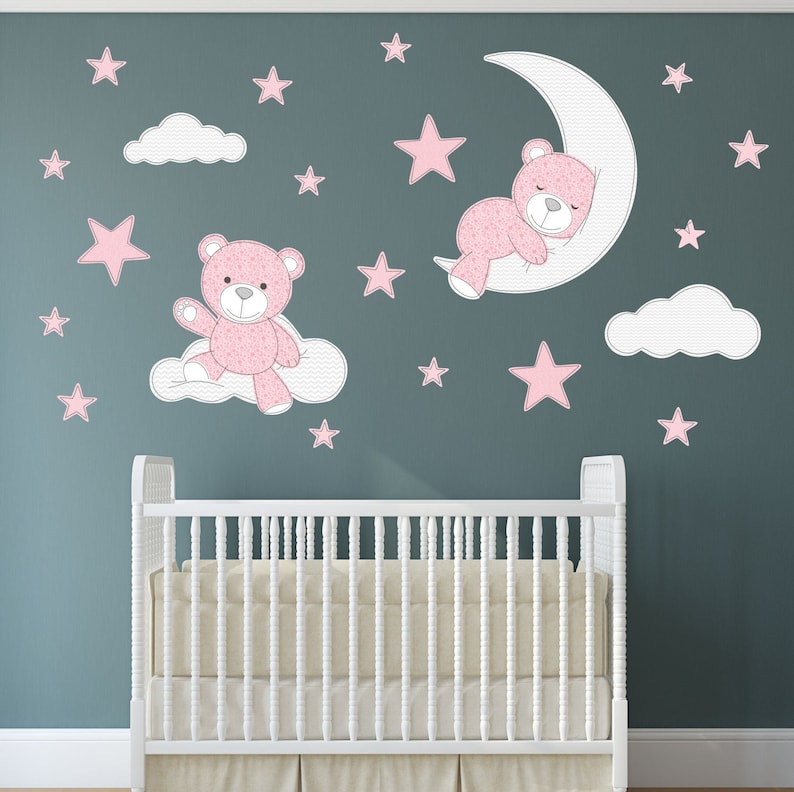 Teddy Bear Decal Nursery Wall Stickers Stars Clouds and Moon Etsy
