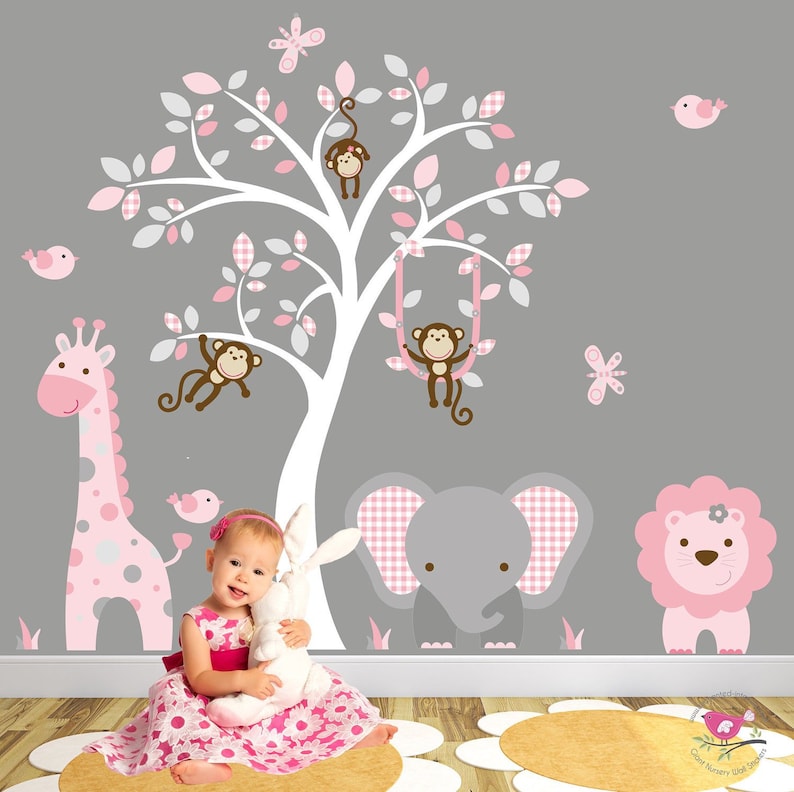 jungle decal blush pink and grey nursery decor. baby girls | etsy