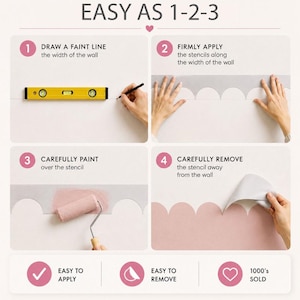 May include: A four-step instructional graphic titled EASY AS 1-2-3 showing how to use a scalloped wall stencil. Steps include drawing a line with a yellow level, applying the stencil, painting with a pink roller, and removing the stencil to reveal a pink scalloped pattern on the wall.