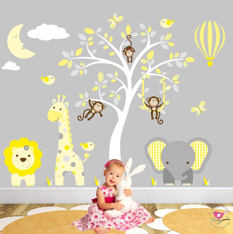 Jungle Animal Nursery Wall Decals, Yellow Grey Tree, Safari Mural - Etsy