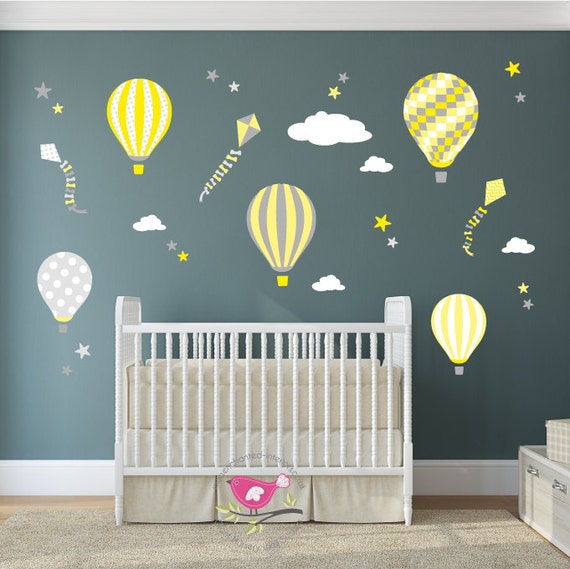 Hot Air Balloon Wall Decal Kites White Clouds And Stars - Hot Air Balloon Wall Art Nursery Hot Air Balloon Wall Decal Kites White Clouds And Stars - Hot Air Balloon Wall Art Nursery
