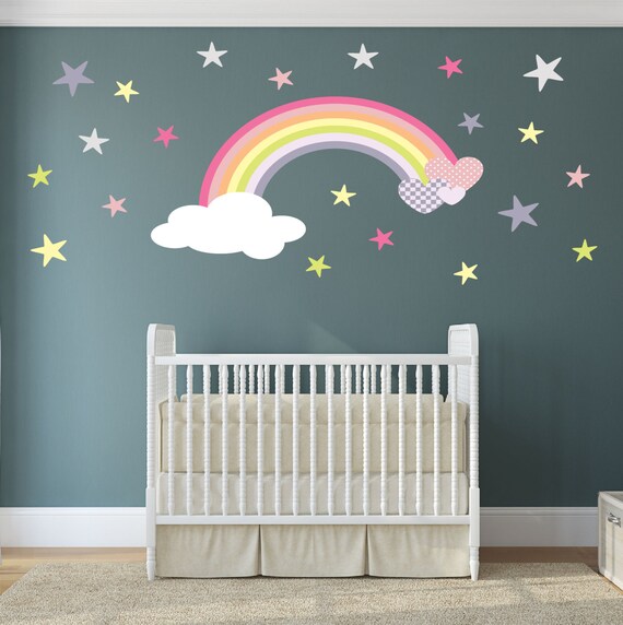 Rainbow Wall Art Nursery Decor Decal With Magical Hearts And