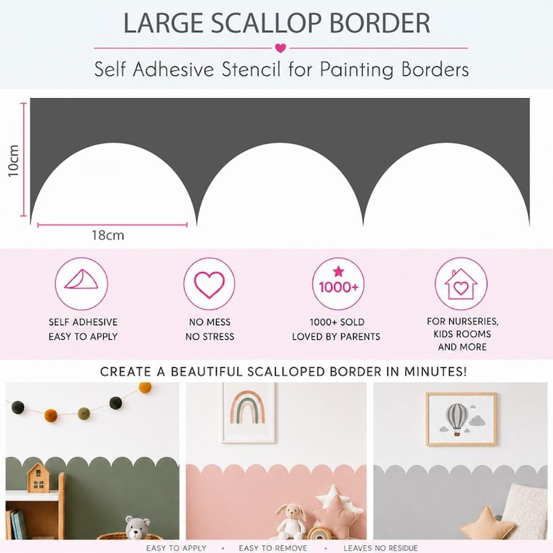 Large Scallop Edge Adhesive Stencil: Nursery Room Decor, paint arch border, removable wall sticker template, boys & girls bedroom decoration image 4