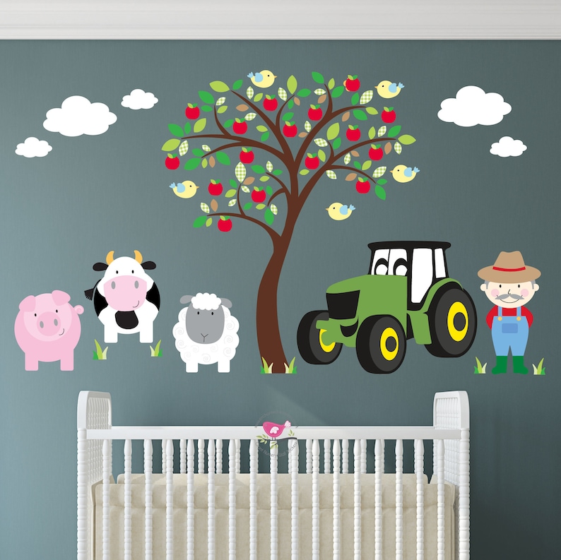 Farm Animal Wall Stickers Tractor Brown Apple Tree Mural Etsy