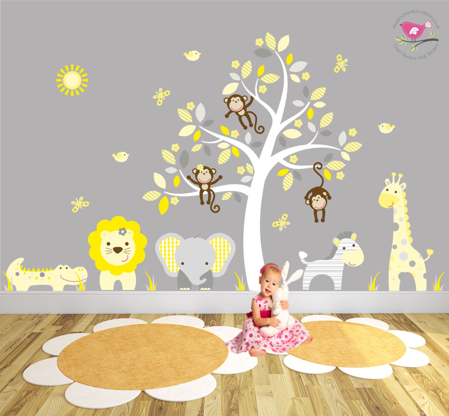 Jungle Decals. Yellow and Grey Nursery White Tree Mural - Etsy