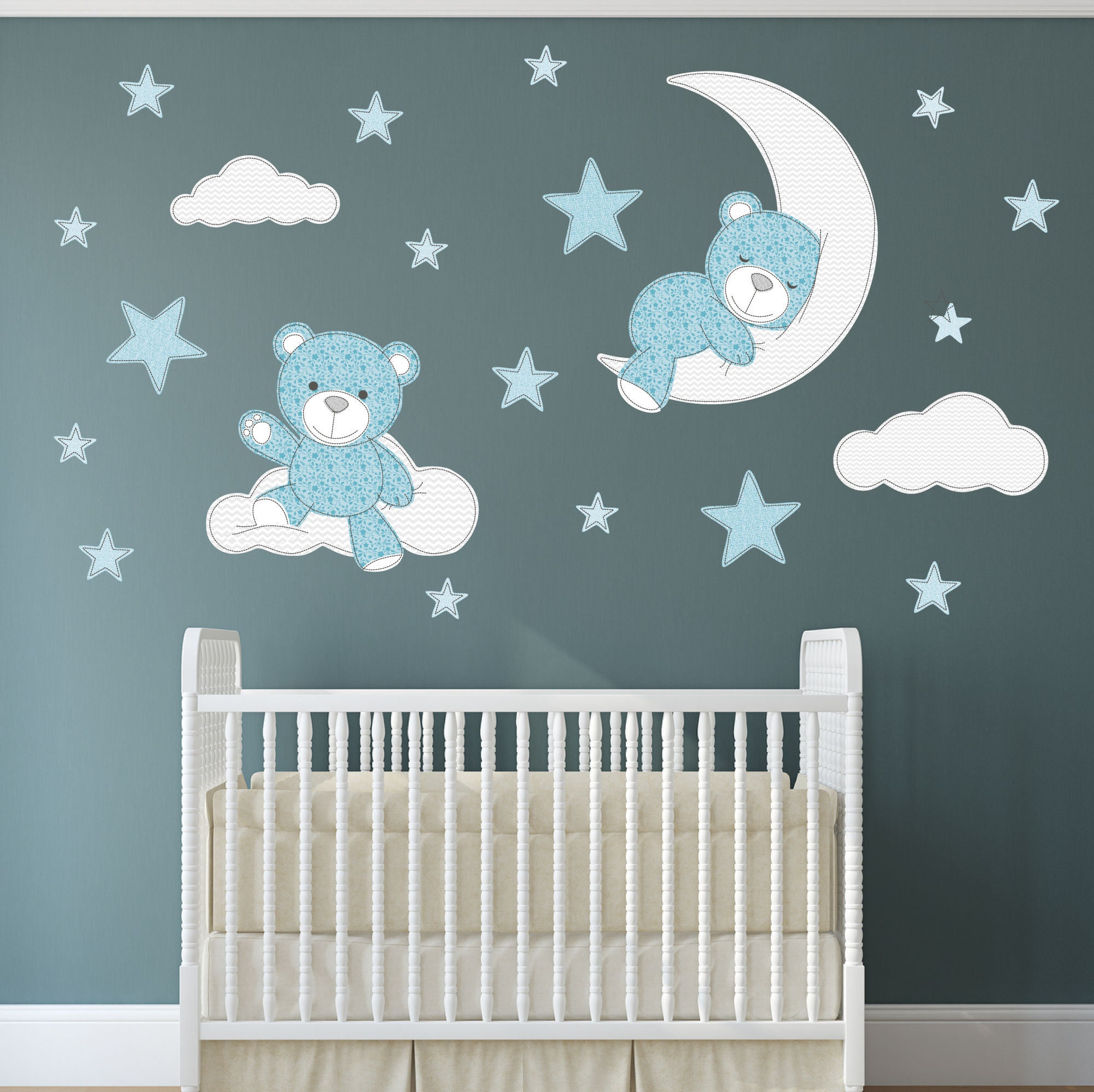 Teddy Bear Wall Stickers Nursery Decals Stars Clouds Moon Removable Fabric Blue Grey and White Baby Boys Room Decor Toddler Gift Etsy Canada