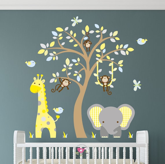Jungle Decal Boys Safari Wall Stickers Yellow Blue And Grey Etsy