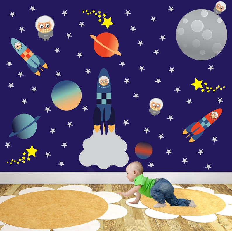 Outer Space Decal Rockets Planets Baby Boys Wall Stickers Nursery Decor Shooting Stars Moon Toddler Growth Chart Woodland Owls